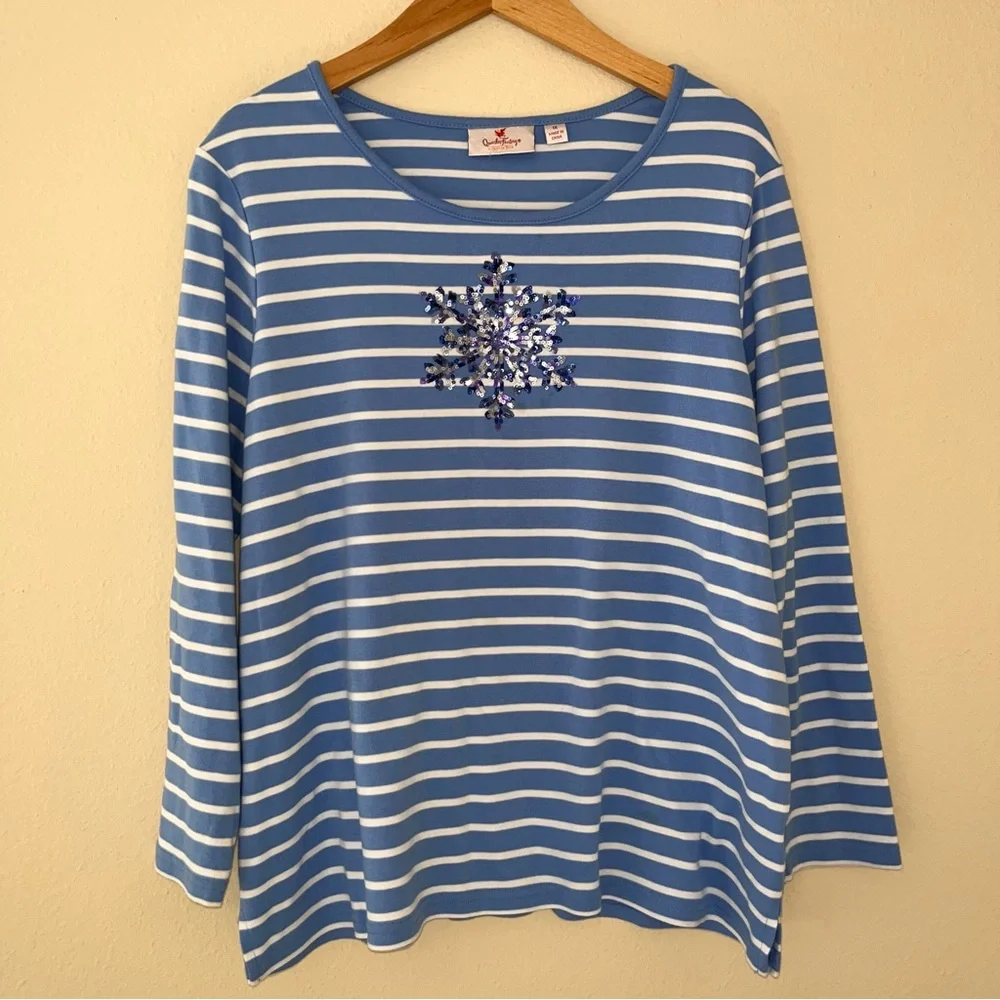 Quacker Factory Long Sleeve‎ Top Size 1X Sequin Snowflake Blue Striped Holiday